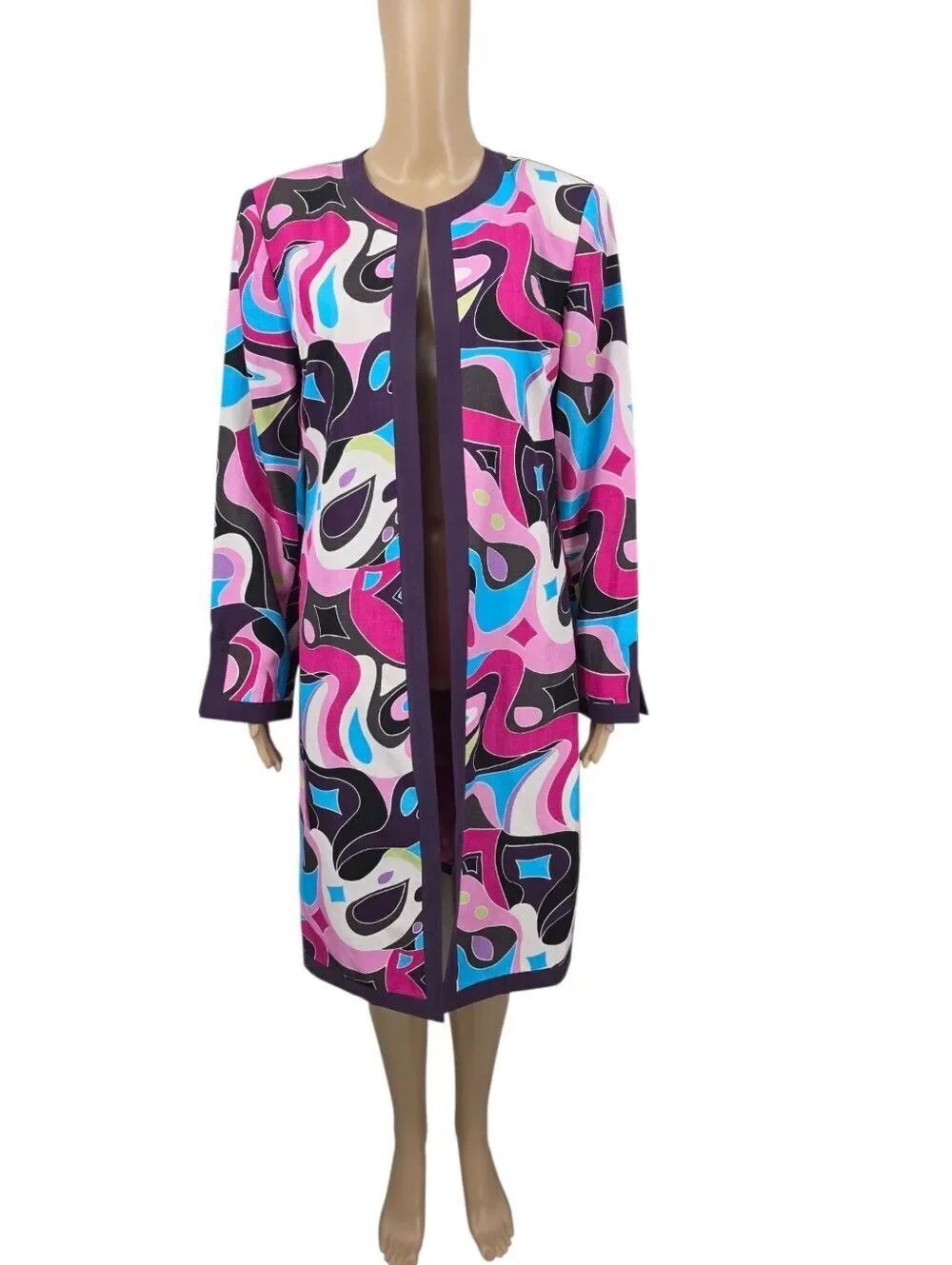 Y2K Silk Linen Purple Pink Abstract Longline Long Jacket Open Style
